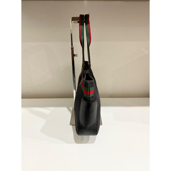 VTG Gucci Web Striped Sherry Line Denim Leather Tote Handbag Dark Blue/Green/Red - Picture 3 of 13